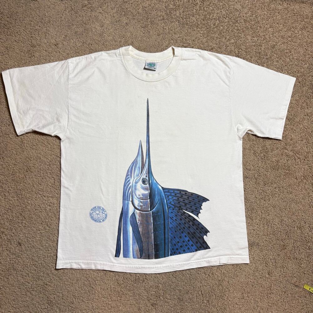 Vintage Heads and Tails Environmental Artwork Marlin‎ T Shirt White Sz XL